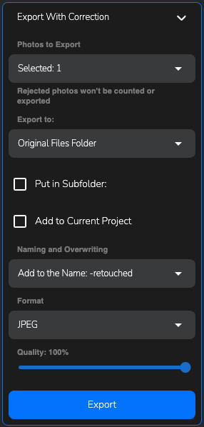 Export with correction menu